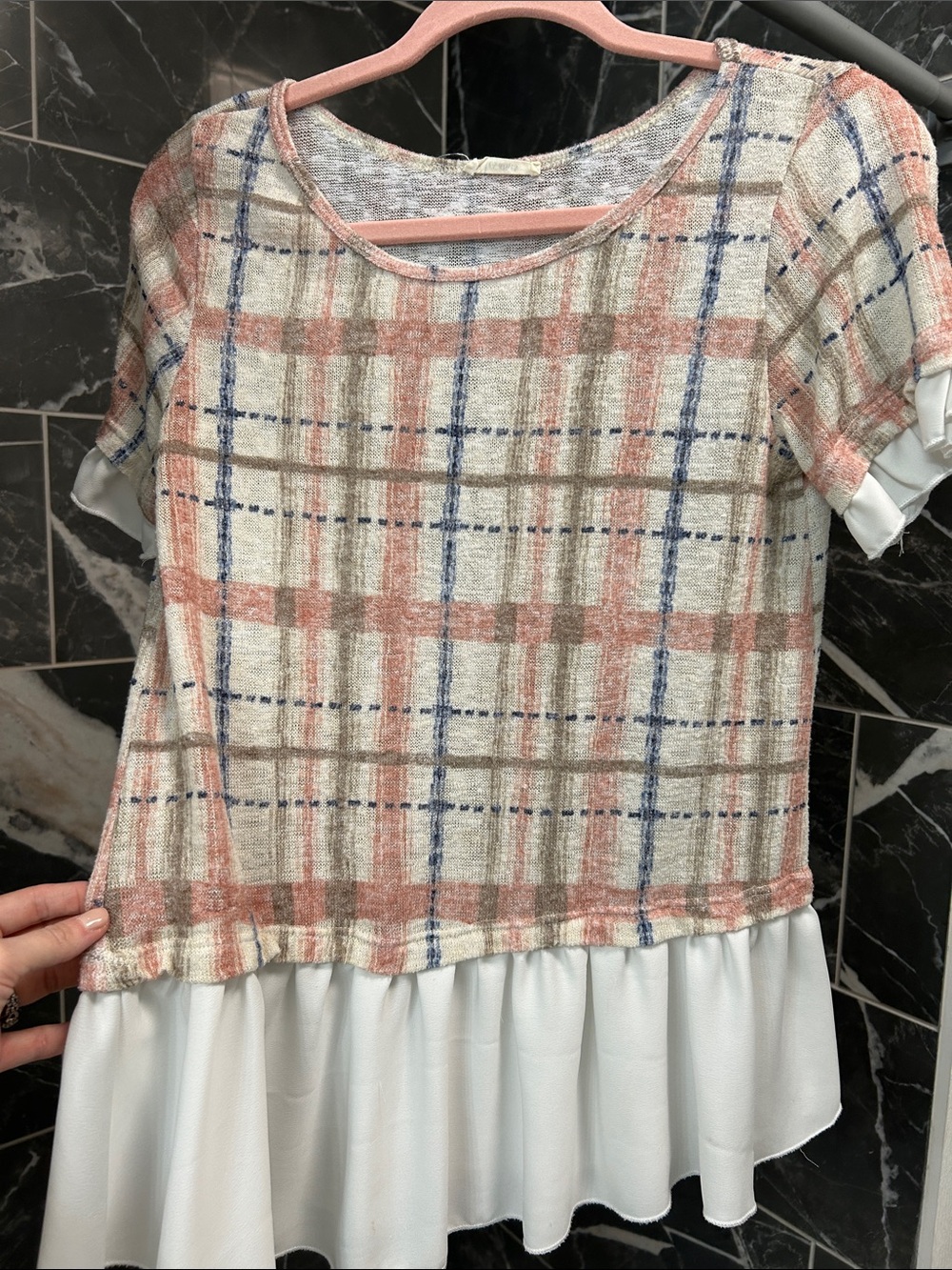 Plaid Peplum Short-Sleeve Tunic in Pink and Cream